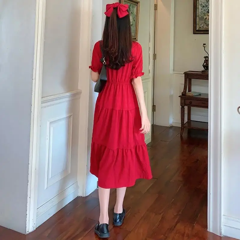 Short Puff Sleeve Dress Women Peter Pan Collar Calf-length Elegant Solid Pleated Korean Sweet Girls Female Stylish Purple Chic