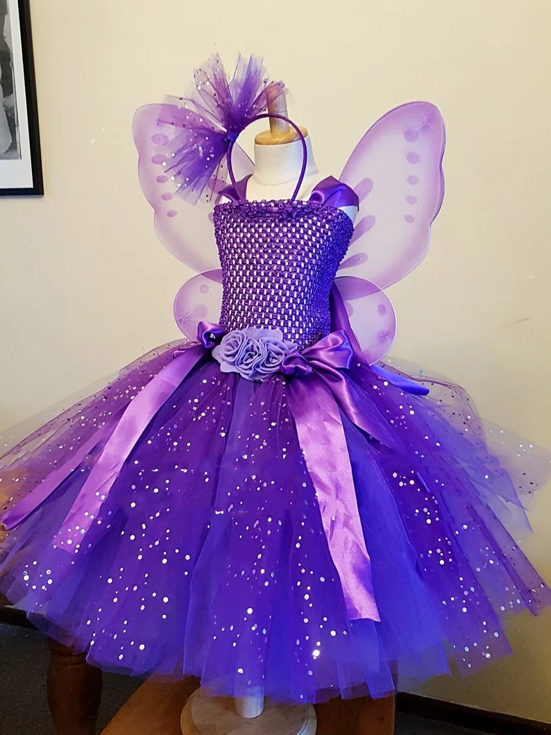 Girls Purple Butterfly Flower Tutu Dress Kids Glitter Tulle Dress Ball Gown with Wing Children Birthday Party Costume Dresses