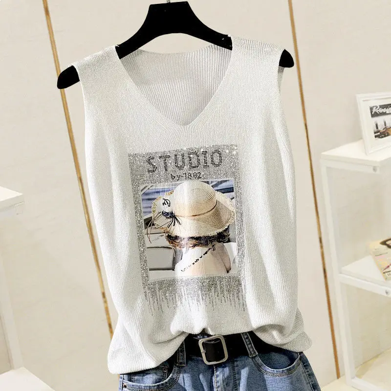 Women Vest Spring Summer New Sleeveless V-neckIce Silk Casual Loose Knitted Tank Pullover Top Korean Clothes Female Tank Tops