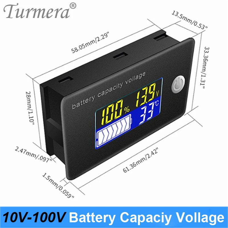 Turmera 12V 24V 36V 48V 60V 72V Li-ion Lifepo4 Lead acid Battery Capacity Indicator Display LCD Voltmeter Temperature Meter Test