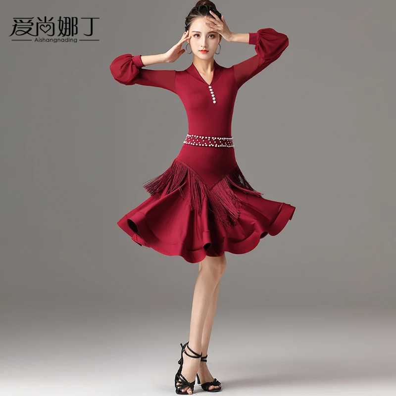 

2021New Latin dance long-sleeved tassel dress professional female adult new Costumes