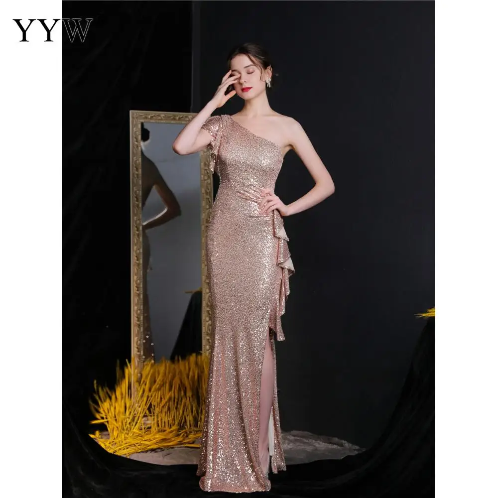 

Sequined Ruffles Draped Cocktail Party Dresses One Shoulder Backless Side Slit Elegant Women's Dresses for Ceremonies Wedding