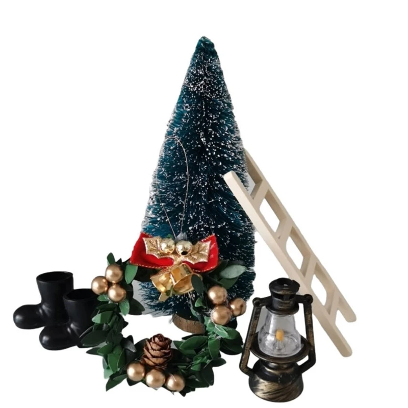 Xmas Miniature Gnome House Set Lantern Tree Wreath Ladder Dollhouse Accessories Role-Play Toy Christmas Theme