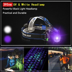 2023 New Portable USB Rechargeable Headlight Zoomable 5W 395nm UV Headlamp 4-Mode UV & White Head Torch For Camping Hunting