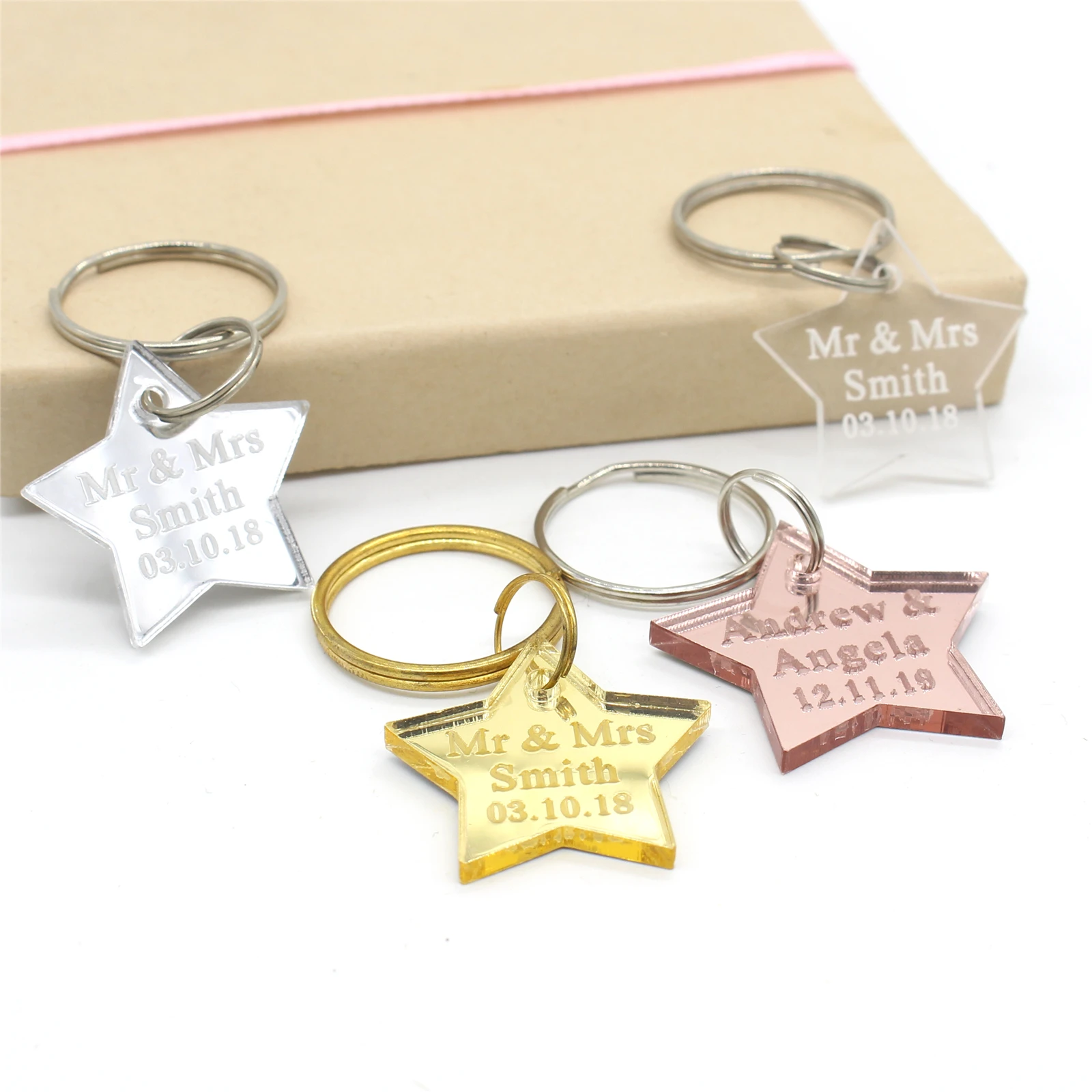 10 Piece Clear / Mirror Personalized Laser Engraved Key chain Star Birthday Party Favors Customized Baby Shower Keyring