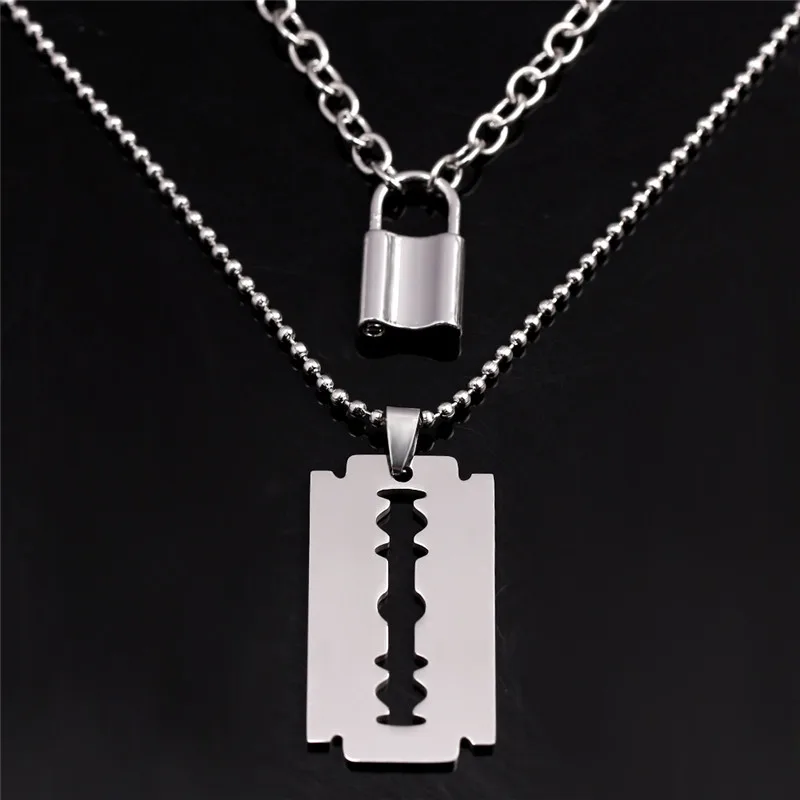 Double Layer Lock Pendant Necklace Hollow Out Large Razor Blade Necklaces Fashion Women Jewelry Accessories Gothic Gifts image 2