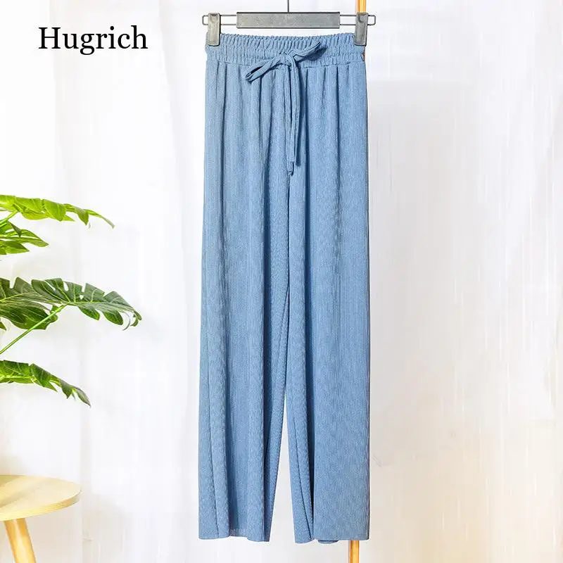 Ice Silk Pants Women 2021 High Waist Trousers Knitted Slacks Women's Loose Summer Pants Grey Kahki Wide Lge Pant Spring