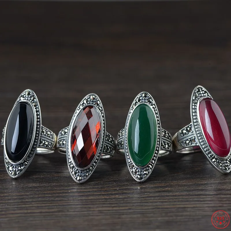 S925 Sterling Silver Rings for Women Retro Oval Agate Corundum Inlaid Micro Marcasite New Fashion Jewelry Wholesale