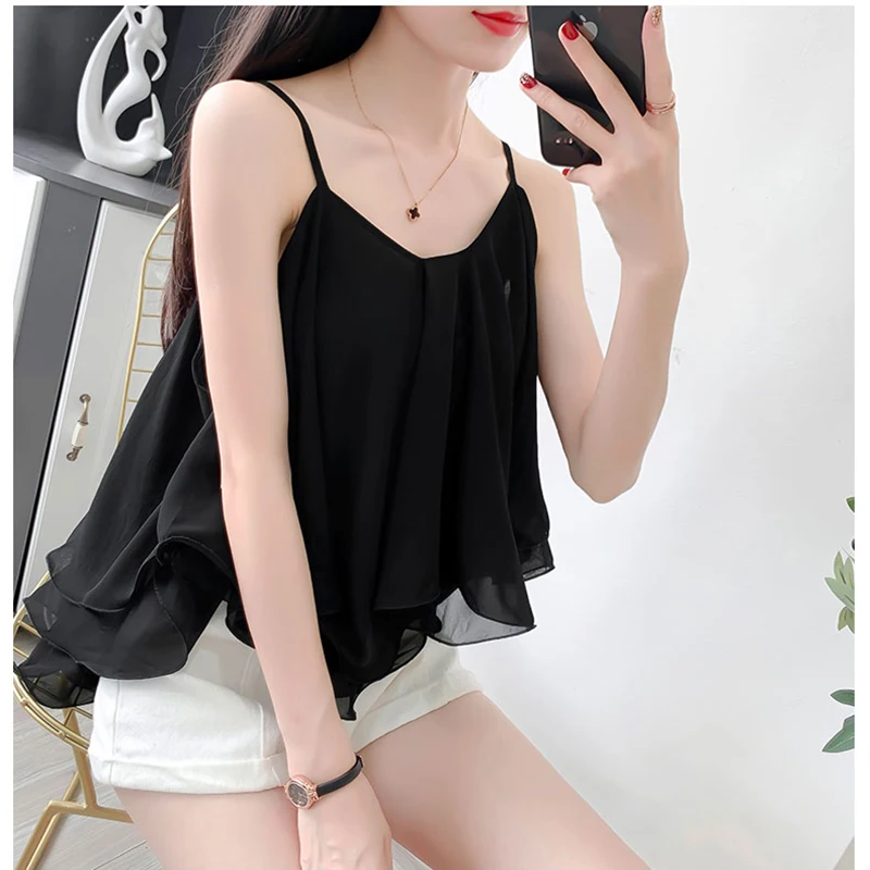 Summer Spaghetti Strap Women Sexy Indie Korean Cute White Pink Cami Tank V Neck Ruffle Irregular Chiffon Blouses Shirts Crop Top