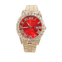 Fashion Bling Bling Diamond Roman Number Quartz Watch Zircon Micro Paved Luminous Calendar Watch Waterproof watch Hiphop Gifts