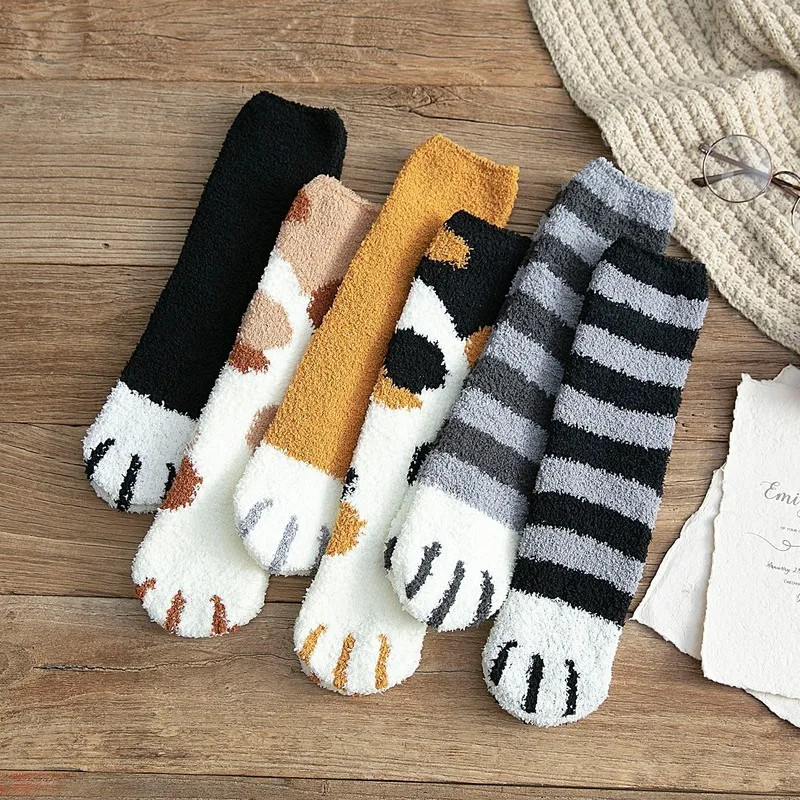 

1 pair of plush coral fleece socks female tube socks autumn and winter cat claws cute thick warm sleeping floor sleep socks