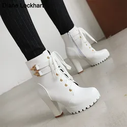 Brand Designers Autumn Winter New Women Shoes Black Heels Boots Lacing Platform Ankle Boots Chunky Heels Lace-up Botas White