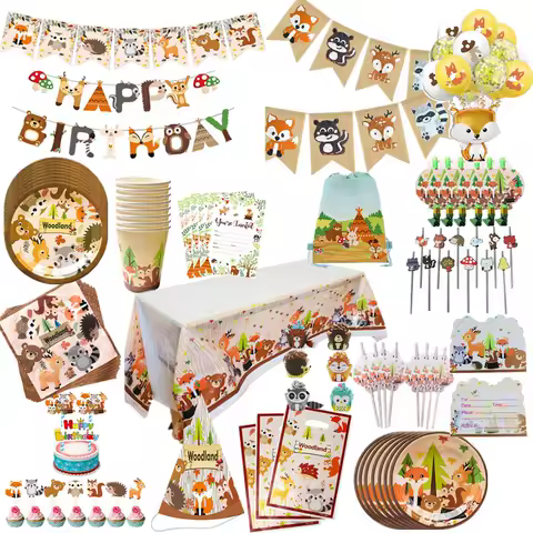 Woodland Tableware Jungle Safari Birthday Decoration Wild One 1st Bithday Party Supplies Forest Animal Paper Plates Banner