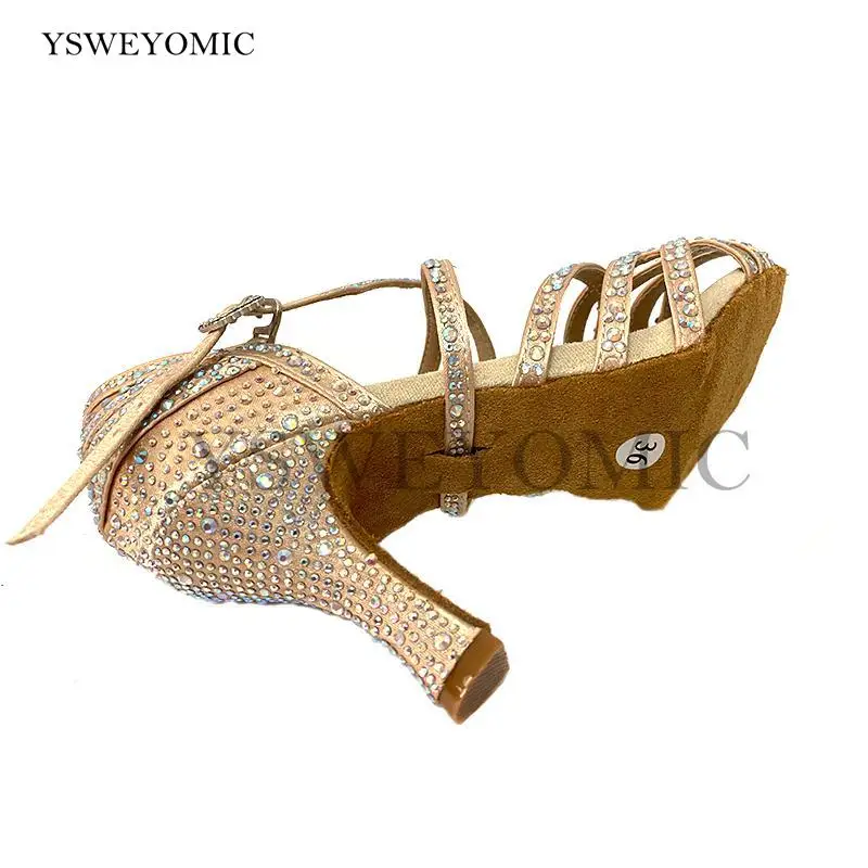 Elegance Latin Salsa Dance Shoes Flesh Khaki Satin Rhinestones Customized Heel 7cm Indoor Outdoor Women Latin Ballroom Shoes
