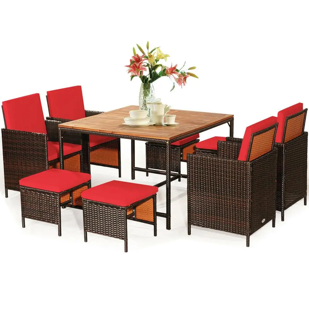 9PCS Patio Rattan Dining Set Cushioned Chairs Ottoman Wood Table Top Outdoor HW65997