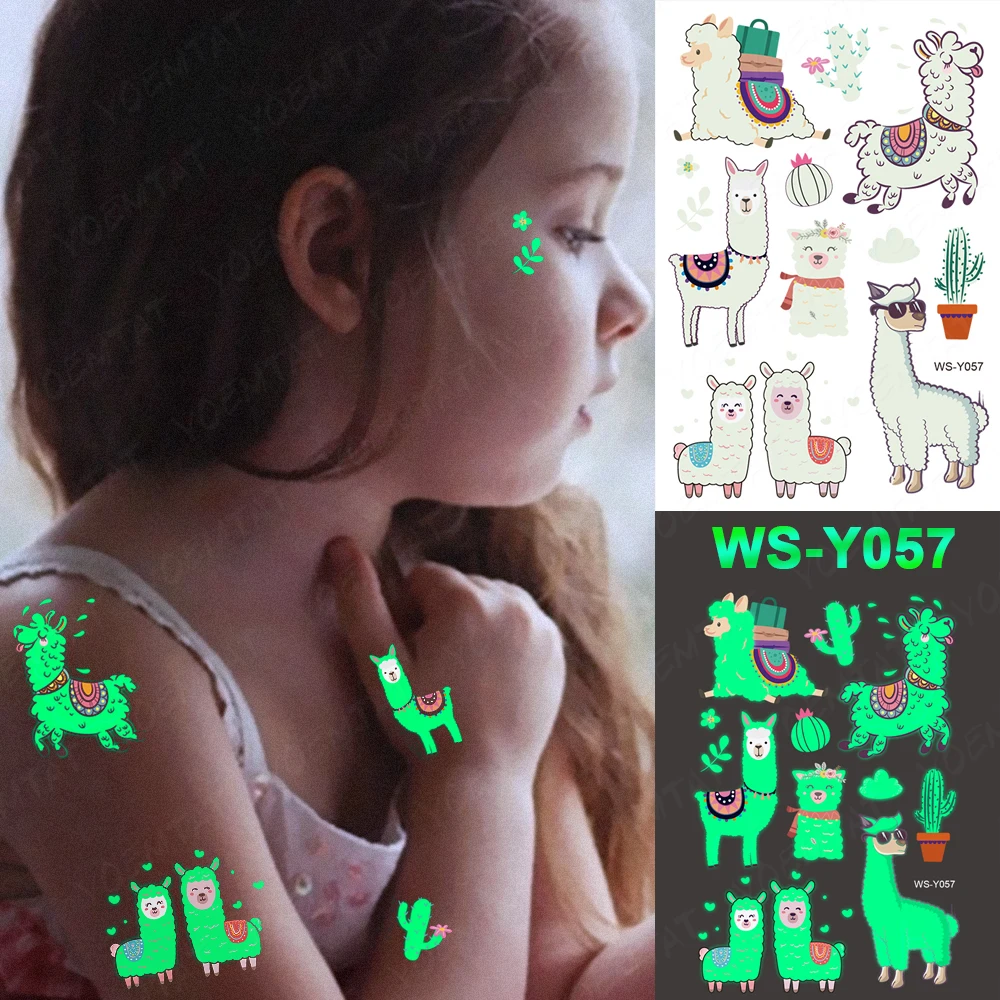 Luminous Glitter Tattoo Stickers Alpaca Cactus Children Temporary Waterproof Animal Tatto Body Art Cute Kid Cartoon Fake Tatoo