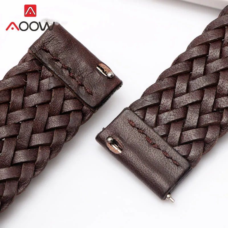 20mm 22mm 24mm Braided Genuine Leather Strap Quick Release Men Women Replacement Bracelet Belt Wrist Band for Smart Watch Brown