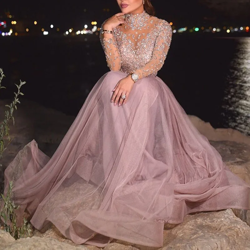 

2025 Luxury Sparkle Illusion Rhinestone Arabic Dubai Evening Dresses Full Sleeves Beaded Crystal Prom Party Gowns Formal Dress