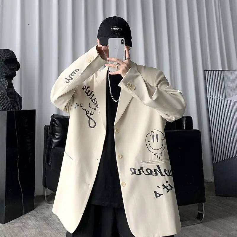 Oversized Apricot Letters Graffiti Blazer Women Jacket Coat Loose Streetwear Spring Outerwear 2021New Korean Style Office Ladies