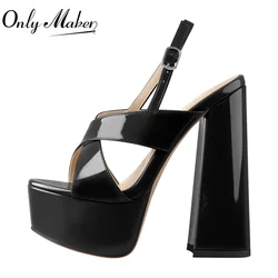 Onlymaker Women Patent Leather Platform Thick High Heels Round Peep Toe Cross-tied Decoration Elegant Ankle Strap Sandals