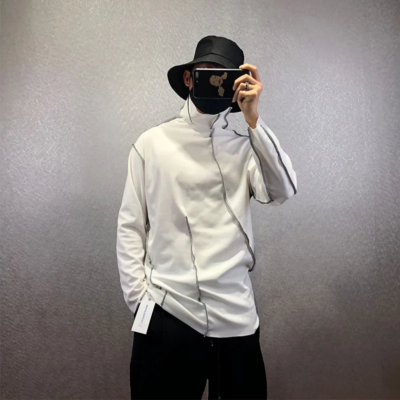 Men's Long Sleeve T-Shirt Spring And Autumn New Personality Small Stand Collar Line Stitching Fashion Large Size Jacket