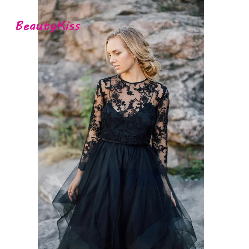 Scoop Long Sleeves A-Line Black Wedding Dress with Removable Lace Jacket Long Tulle Bridal Dress vestido de novia corto