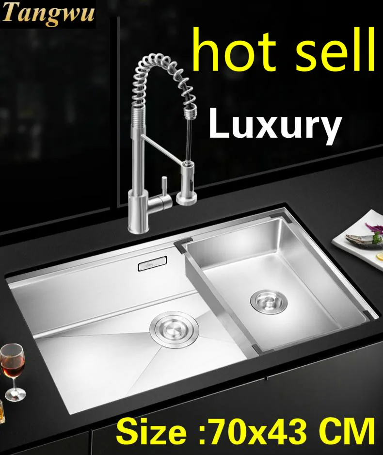 

Free shipping Apartment luxurious vogue kitchen manual sink single trough wash up 304 stainless steel hot sell 70x43 CM