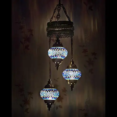 

LaModaHome 35 + Unique Colors, 2020 Customizable Chandelier 3 Globes + Free 3 Bulbs, stunning Mosaic Turkish Lamp Moroccan Light