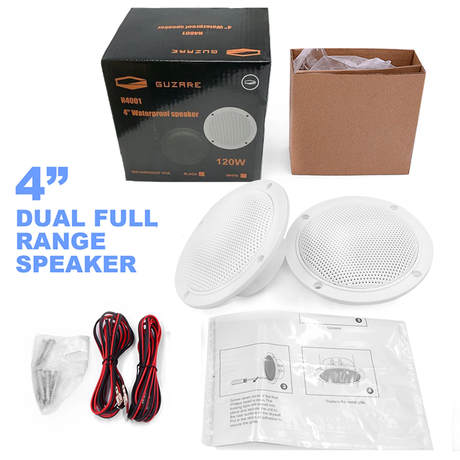 GUZARE Marine Speakers Waterproof for RV ATV UTV Golf Cart Motorcycle UV-Proof Outdoor Music Boat Speaker, 4 Inch,120Watts,2Pcs