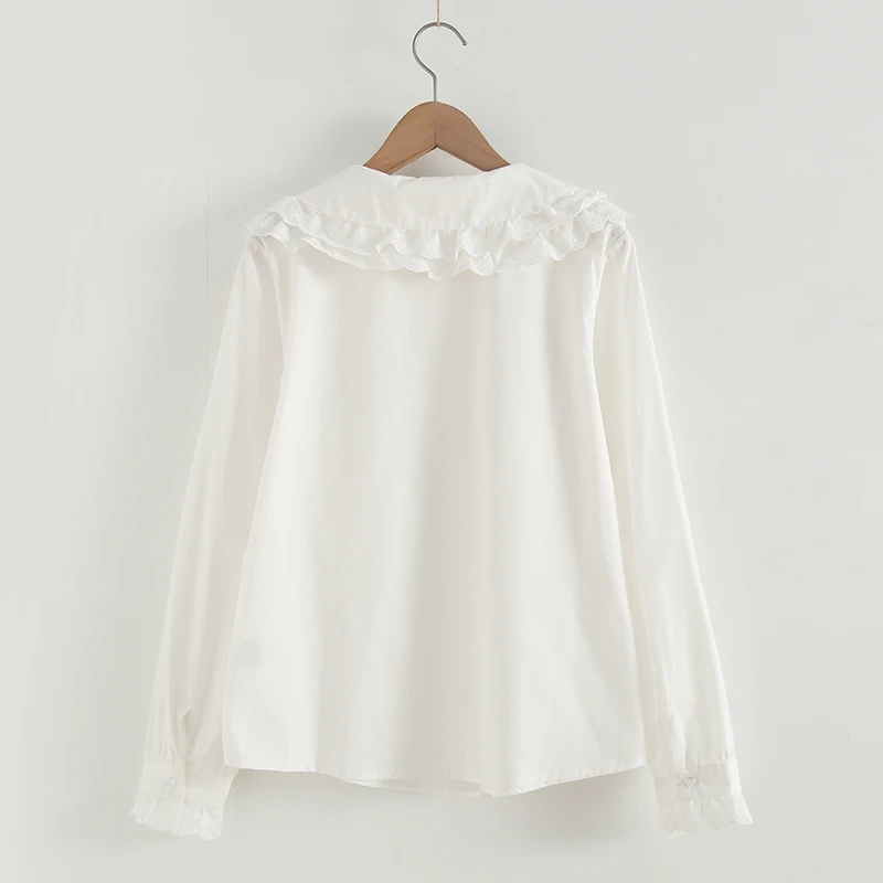 Kawaii Soft Girl Lolita Blouse Women Spring Autumn Long Sleeve Tops Cute Button Up Frilled Ruffle Peter Pan Collared Shirt White