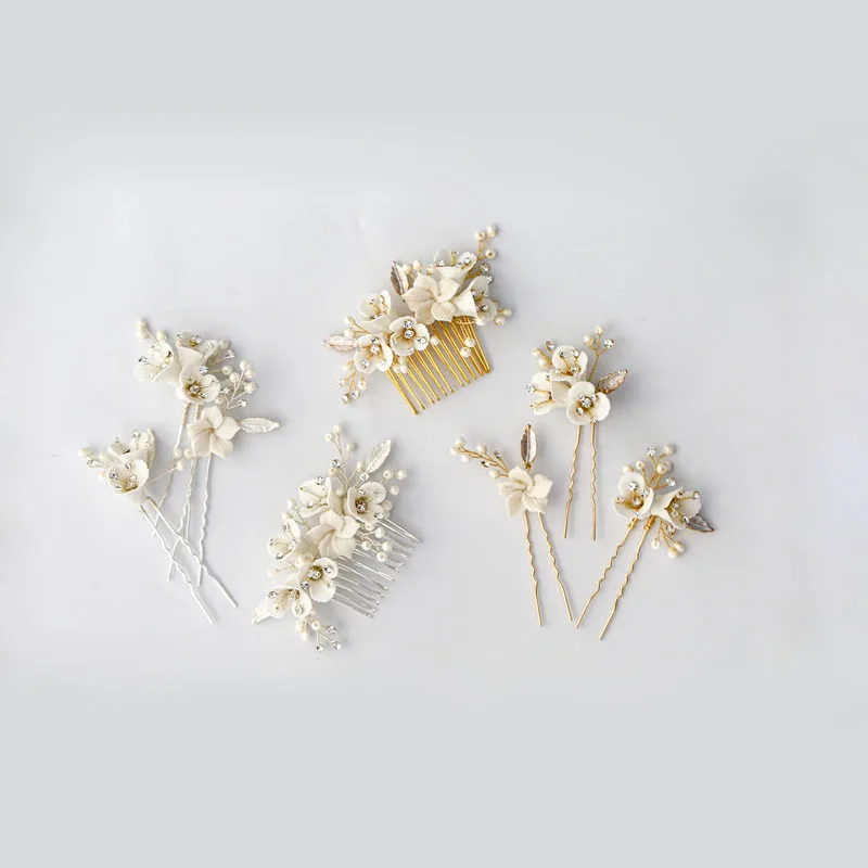 

Floralbride Handmade Ceram Flower Rhinestones Pearls Bridal Hair Comb Hair PIn Stickers Wedding Hair Accessories Women Jewelry