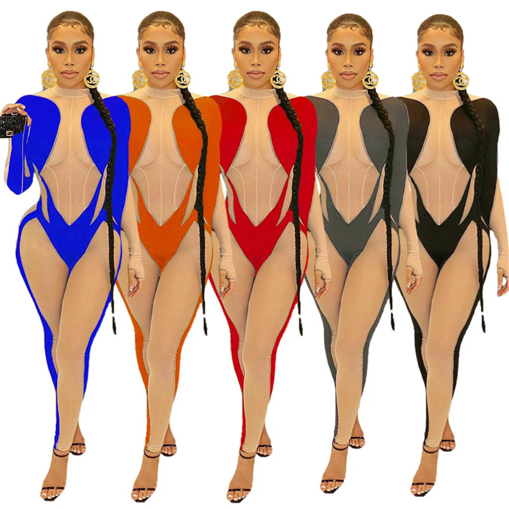 Sexy Jumpsuit Women Party Clubwear Club Outfits Mesh Sheer See Through Patchwork Bodycon Rompers Night Out Overalls for Women