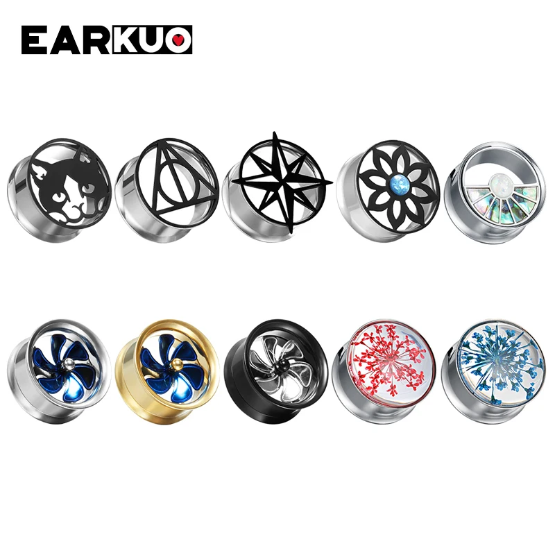 EARKUO Top Quality Stainless Steel Flower Fan Shape Ear Gauges Stretchers Expanders Body Piercing Jewelry Ear Tunnels Plugs 2PCS