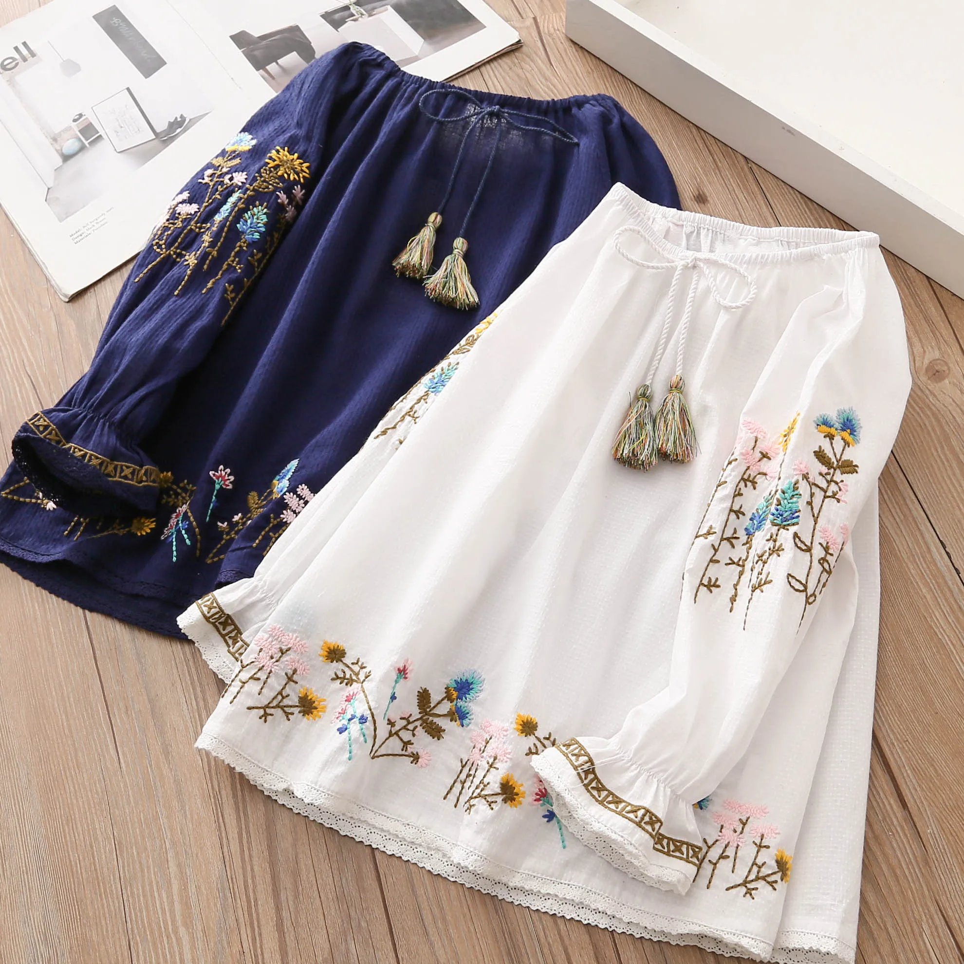 2023 Spring Autumn 2-10 Years Cotton Navy Blue White Long Flare Trumpet Sleeve Embroidery Baby Kids Girls Tassels Blouse Shirt