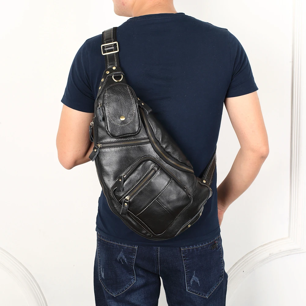 Imagem -06 - Bolsa de Couro Genuíno dos Homens Bolsa de Peito Ocasional Bolsas do Mensageiro Sling Crossbody Bolsas para Homens Pacote de Peito Masculino Bolsas de Viagem