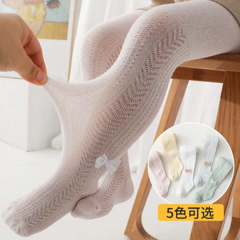 Summer style bowknot mesh wheat ear striped pantyhose baby mosquito socks girls solid color cotton summer stretch tights