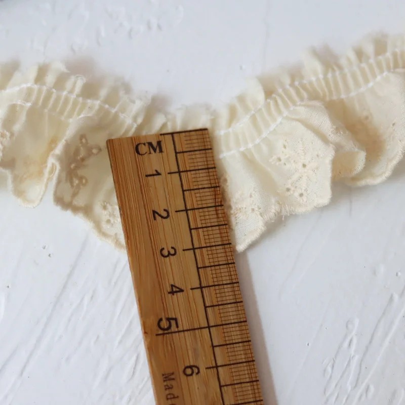 3CM Wide Beige Cotton Pleated Fabric Embroidered Lace Fringe Ribbon Dress Guipure Neckline Cuffs Ruffle Trim DIY Sewing Decor