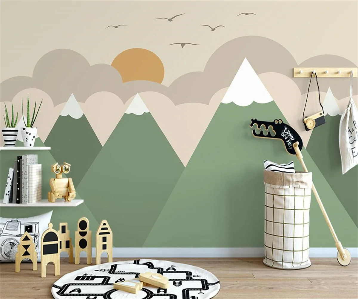 

Customize any size cartoon wallpaper hand-painted simple mountain hot air balloon children's room background wall 3d wallpaper