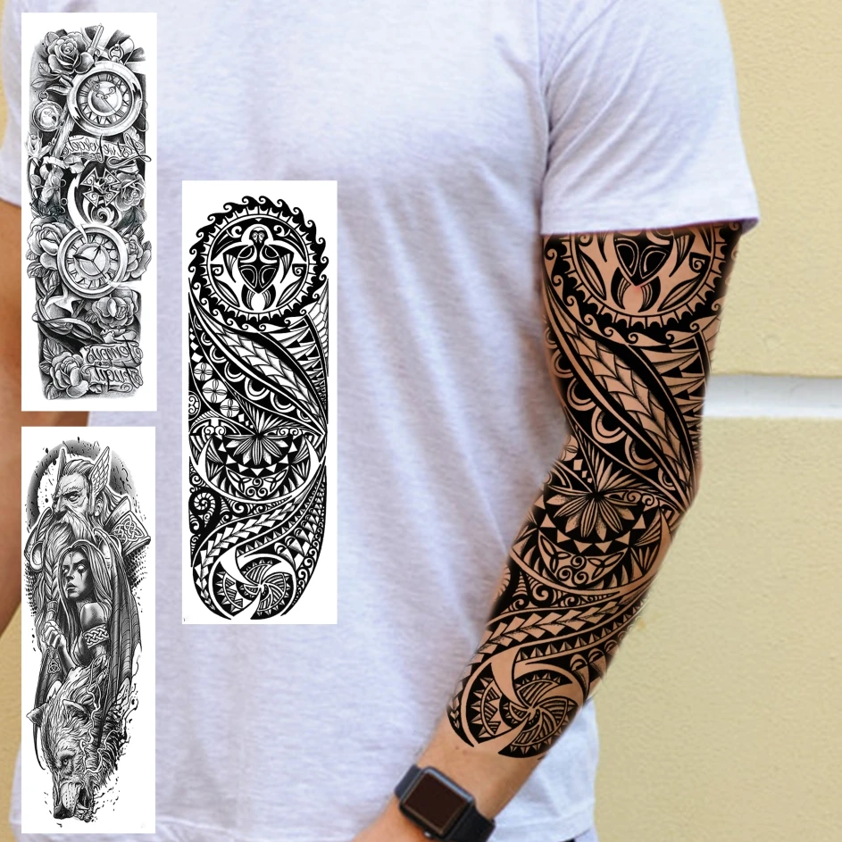 Indian Totem Temporary Tattoos For Men Shoulder Women Compass Warrior Turtle Fake Tattoo Sleeves Black Full Arm Tatoo Large