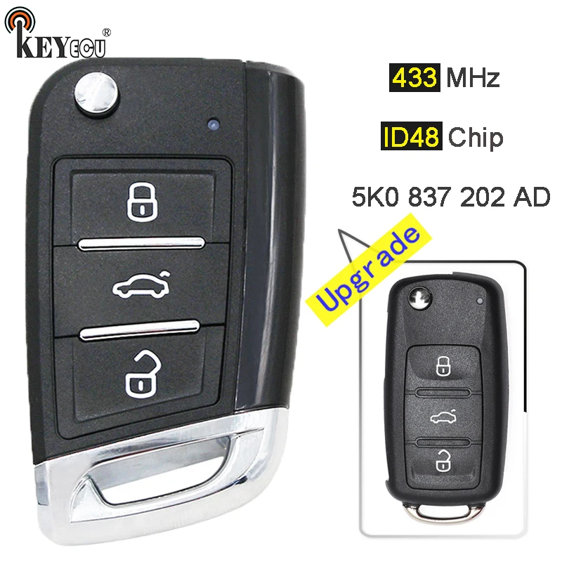 

KEYECU 434MHz ID48 Chip 5K0 837 202 AD Upgraded Remote Key Fob 3 Button for VW Volkswagen Beetle Passat Caddy Eos Polo Jetta