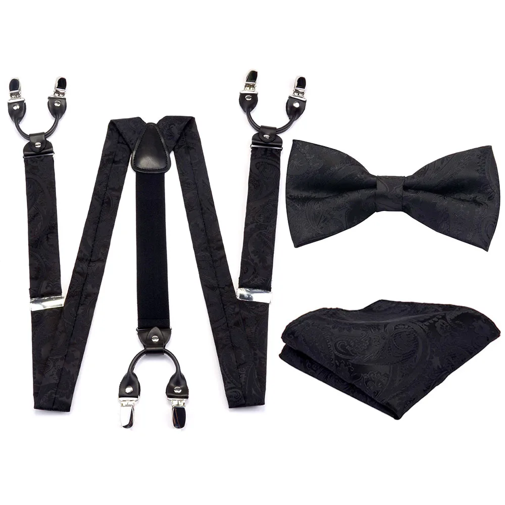 Adjustable Adult Suspender Straps Y Shape Clip-on Bowtie Pocket Square Set Men's Suspenders 6 Clip Pants Braces Suit Business