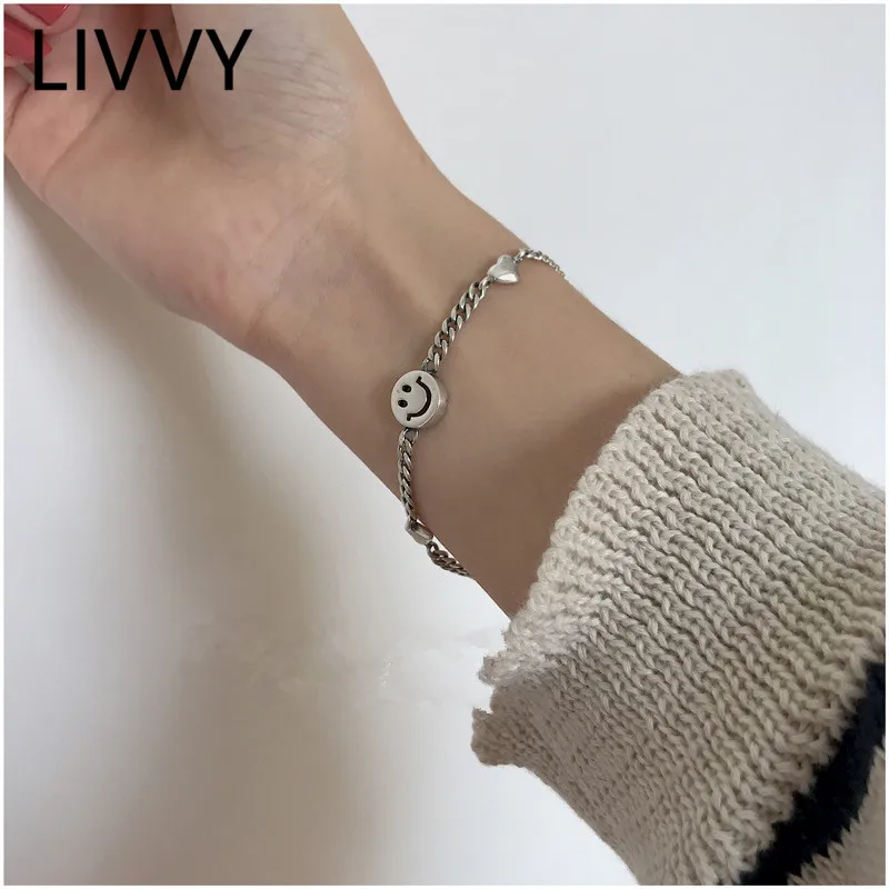 LIVVY Thai Silber Farbe Trendy Vintage Lächelndes Gesicht Liebe Herz Armreifen & Armband für Frauen Paar Kreative Handgemachten Schmuck
