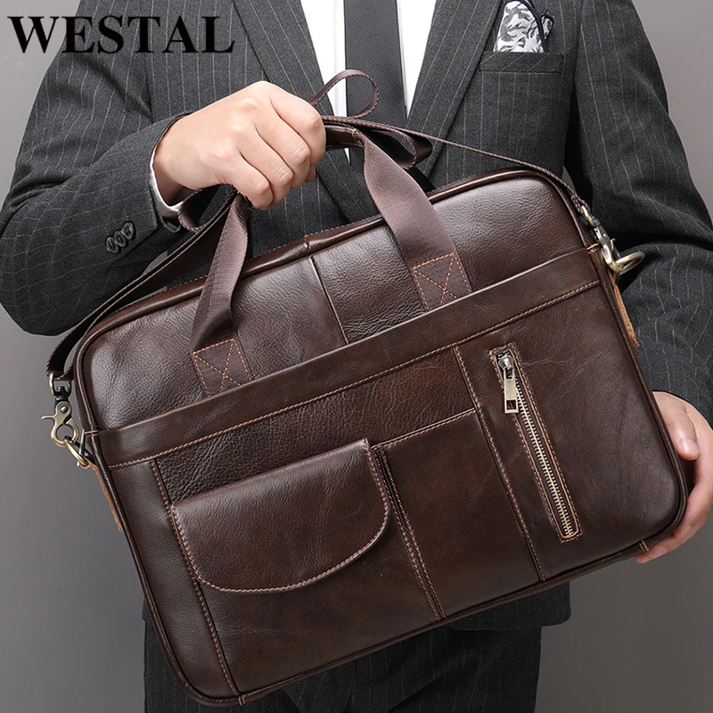 WESTAL Men\'s Leather Bags Man Leather Laptop Bag For Document A4 Briefcase For Teens Men Business Portfolio Tote Messenger Bags