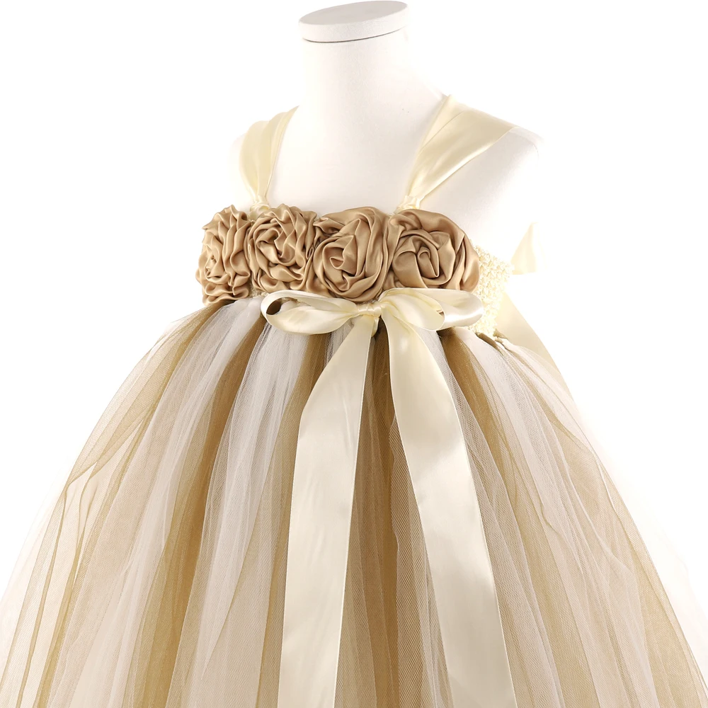 POSH DREAM Ivory Flower Girl Dress Gold Champagne Flower Girl Tutu Dress Birthday Party Clothes for Children Kids