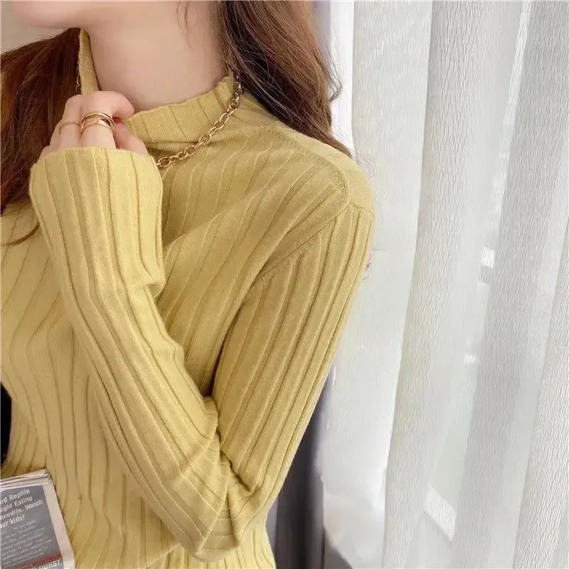 Pullover Ribbed Knitted Sweater Autumn Winter Clothes Women 2021 High Neck Long Sleeve Slim Basic Woman Sweaters Tops