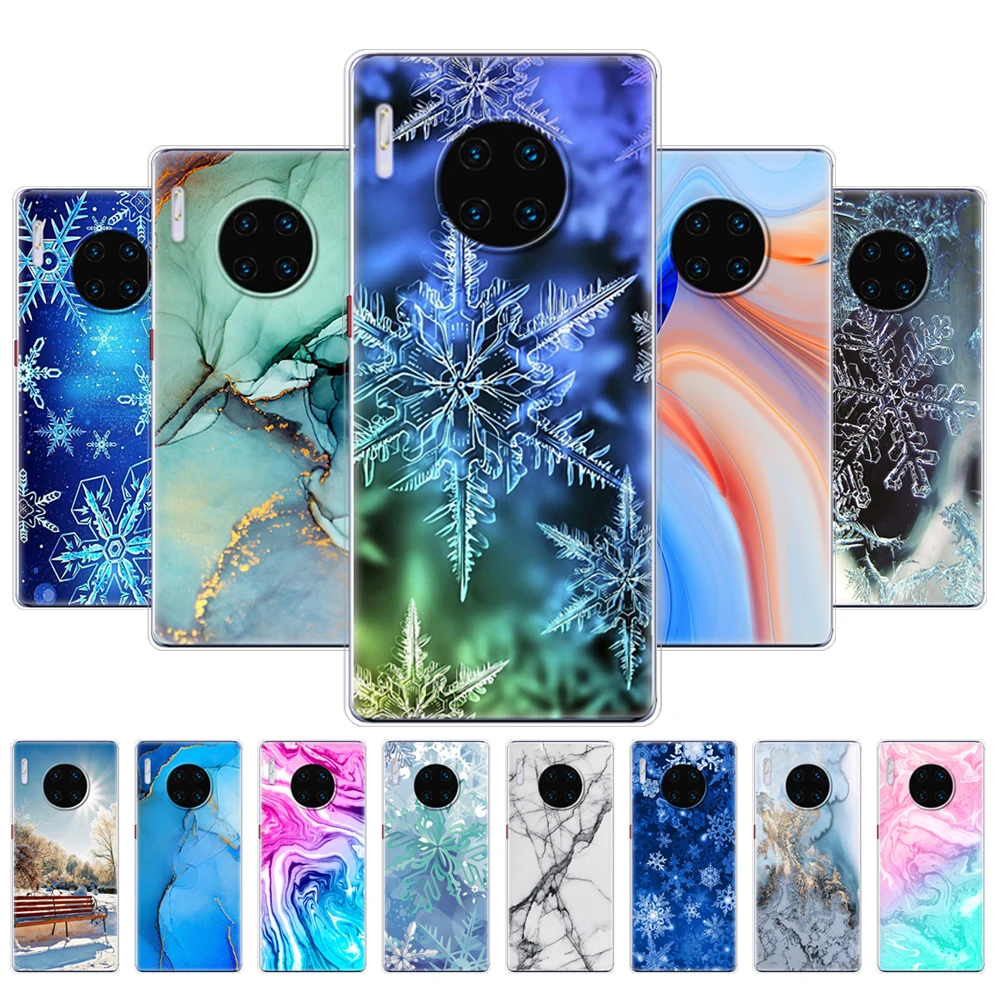 Untuk Huawei Mate 30 Pro Casing Silikon Lembut TPU Penutup Ponsel untuk Huawei Mate 30 Casing untuk Mate 30 Marmer Serpihan Salju Musim Dingin Natal