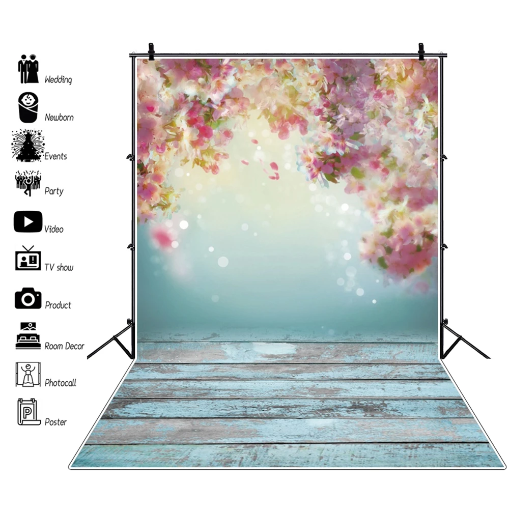 Yeele 봄 자연 꽃 배경 사진 나무 보드 반짝이 폴카 도트 생일 사진 스튜디오 비닐 배경 Photocall