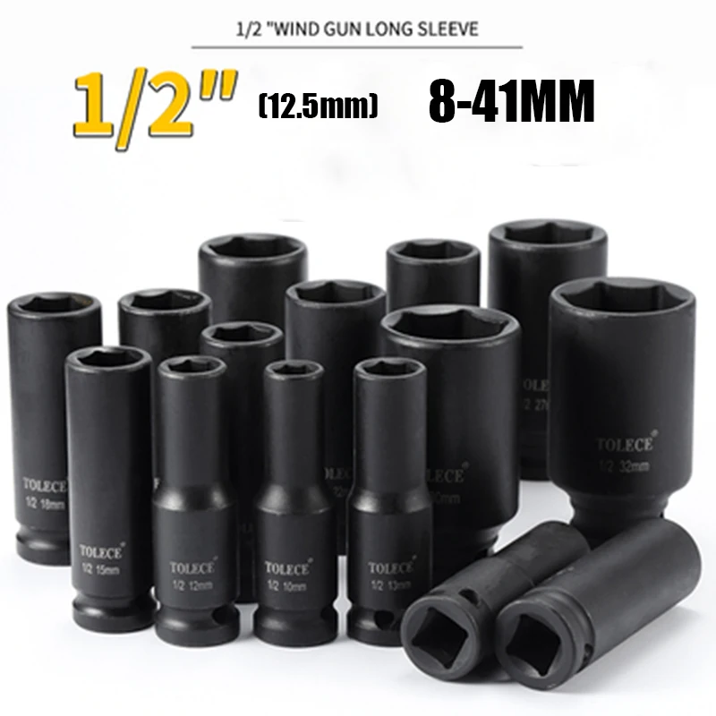 1/2 Inch Impact Socket Set 8-41mm Sleeve Hexagonal Pneumatic Long Heavy Tire Sleeve Head for Lithium Electric Wrench Hand Tools