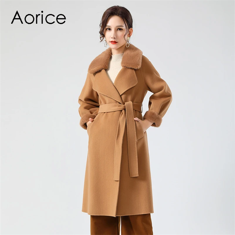 

Aorice Women Winter Mink Fur Parka Wool Blends Coat Jacket 2020 New Real Mink Fur Collar Long Trench Coats Jackets Z20119