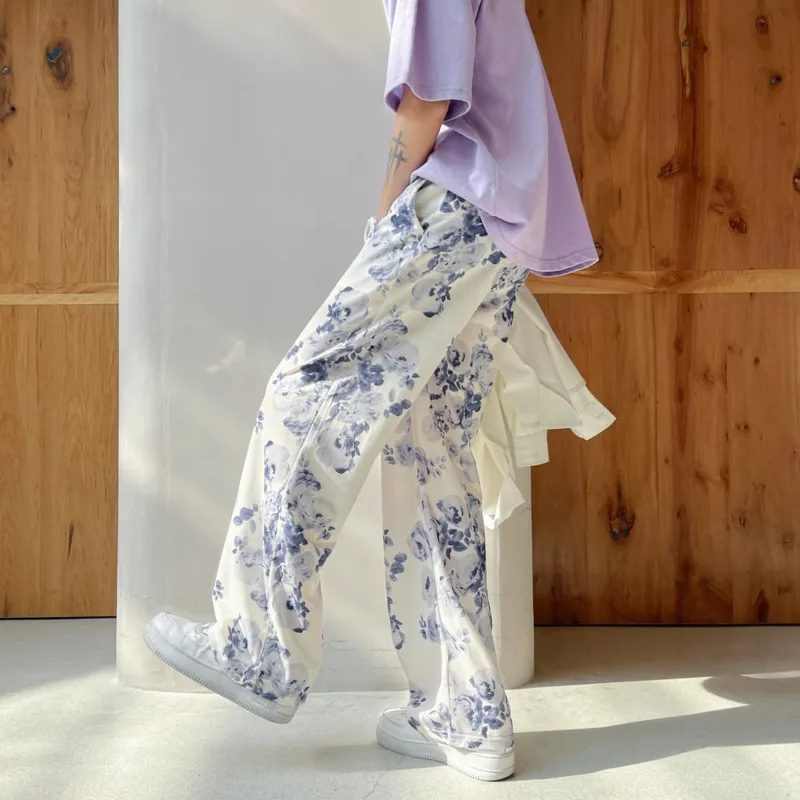 Calça casual estampada em flores masculina, reta de pernas largas, moda streetwear solta, moda hip-hop, primavera e verão